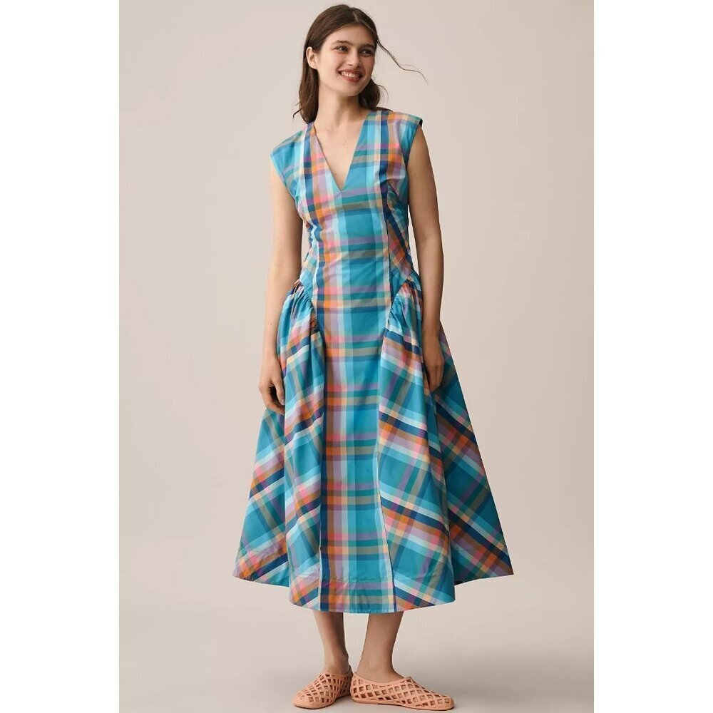 Maeve Sleeveless V-Neck Basque-Waist Midi Dress M